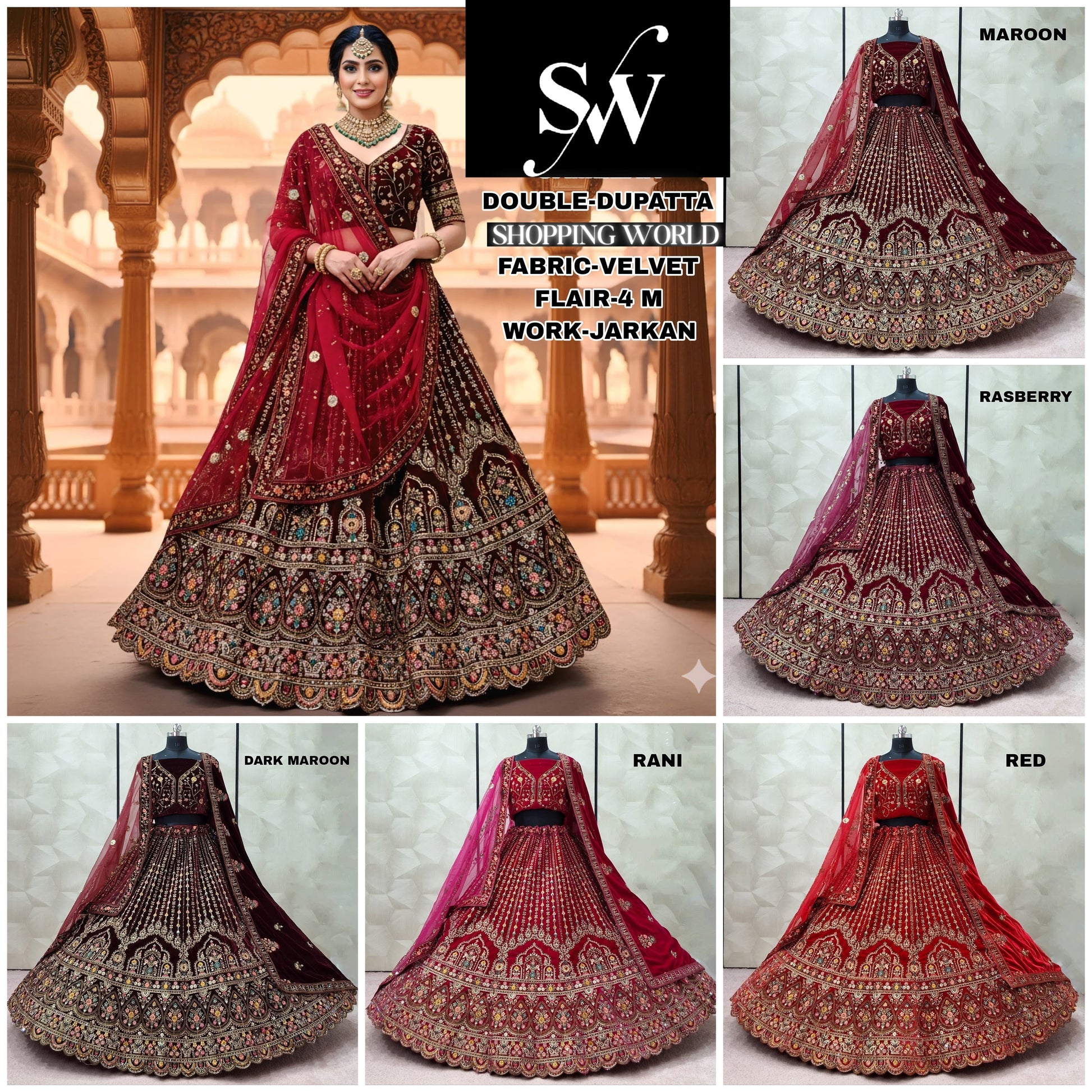 Red Maroon Rani pink Rasberry Dark maroon Peacock Velvet Double Dupatta bridal Lehenga - Shopping World