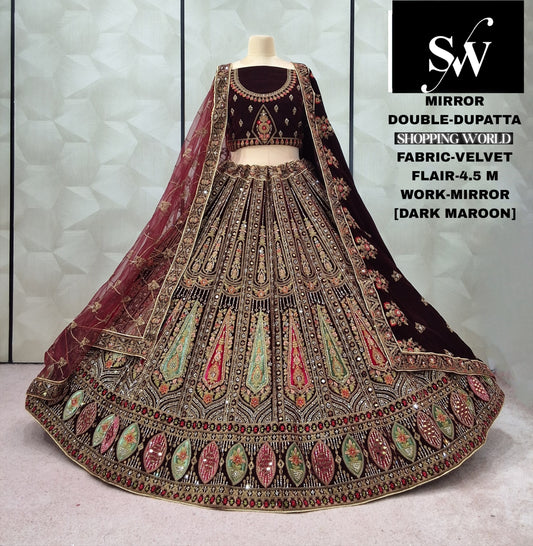 Dark maroon Velvet Double Dupatta bridal Lehenga - Shopping World
