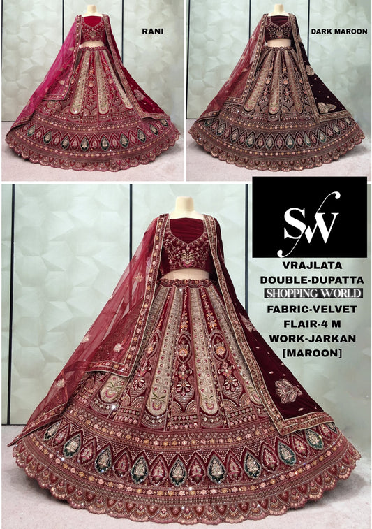 Rani pink Maroon Dark maroon Velvet Double Dupatta bridal Lehenga - Shopping World