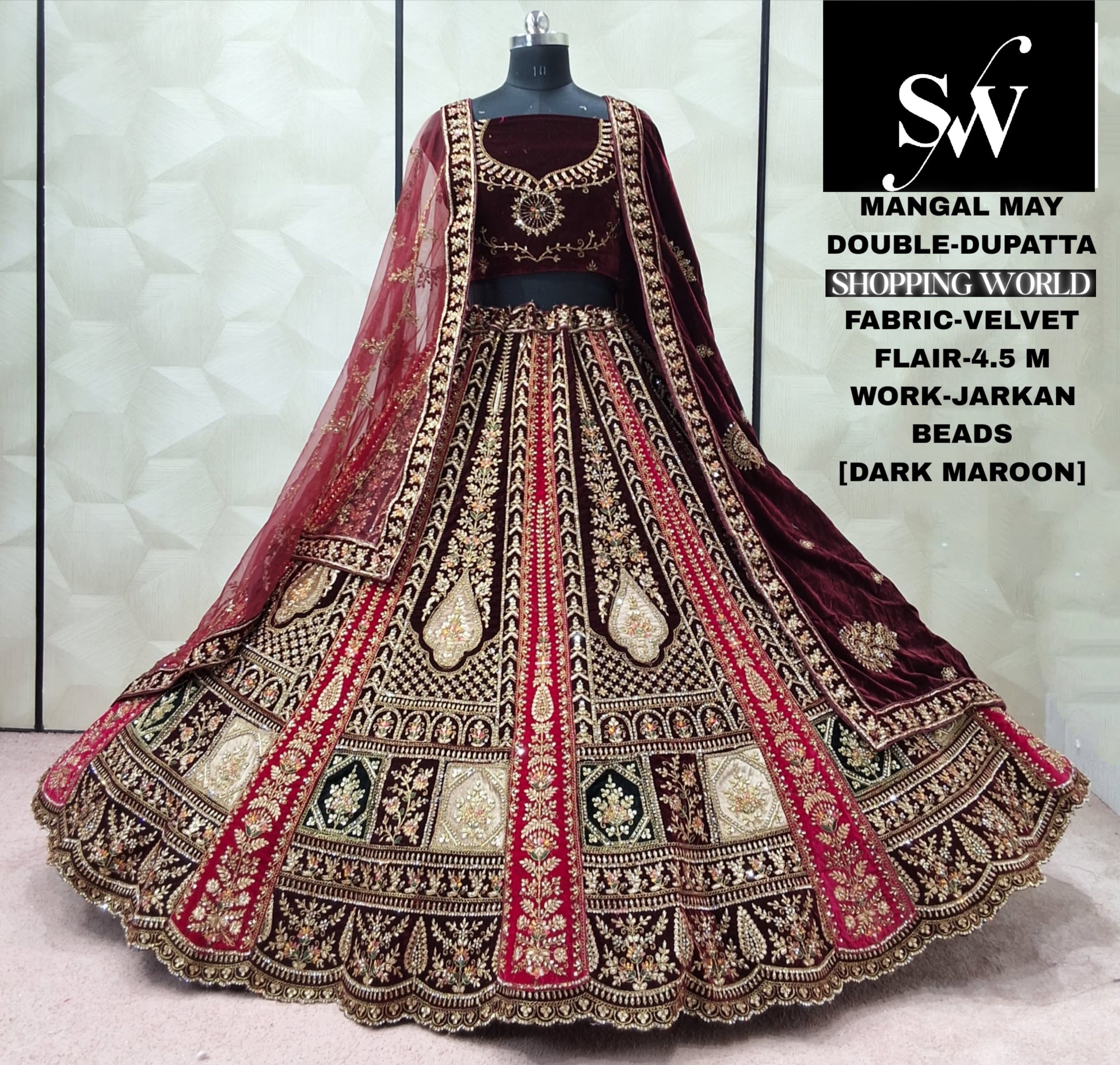 Maroon Velvet Double Dupatta bridal Lehenga - Shopping World