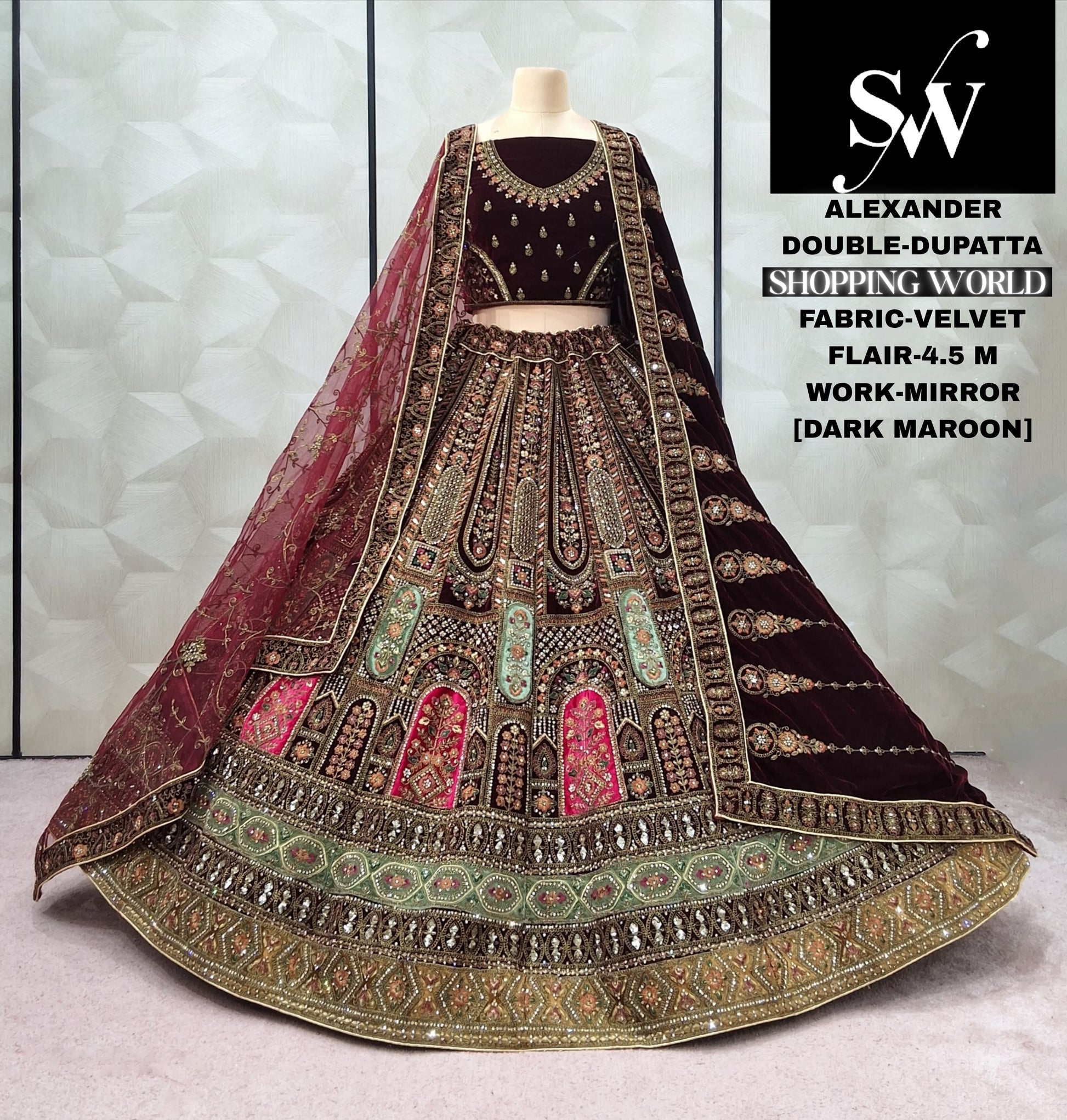 Dark Maroon Velvet Double Dupatta bridal Lehenga - Shopping World