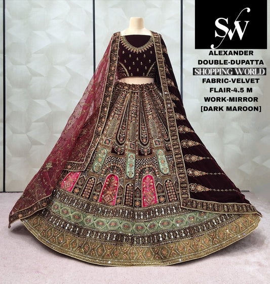 Dark Maroon Velvet Double Dupatta bridal Lehenga - Shopping World