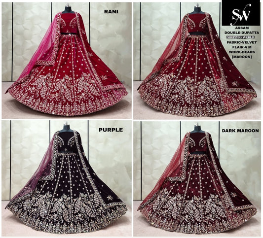 Rani pink Maroon Dark Maroon Black Velvet Double Dupatta bridal Lehenga - Shopping World