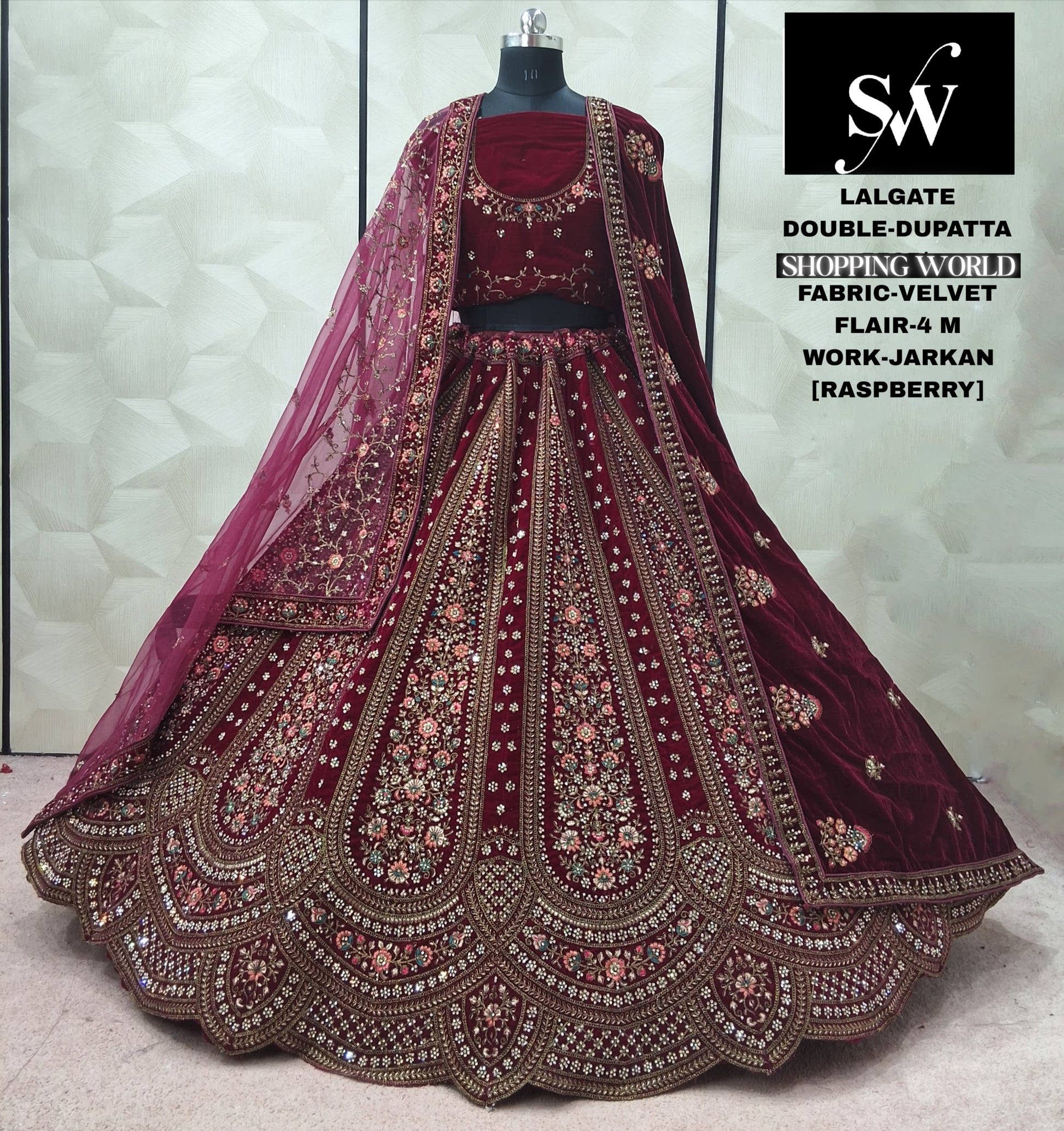 Raspberry Velvet Double Dupatta bridal Lehenga - Shopping World