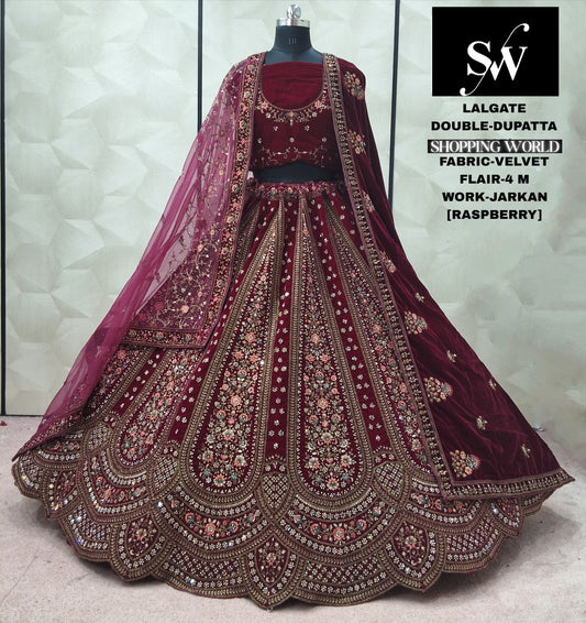 Raspberry Velvet Double Dupatta bridal Lehenga - Shopping World