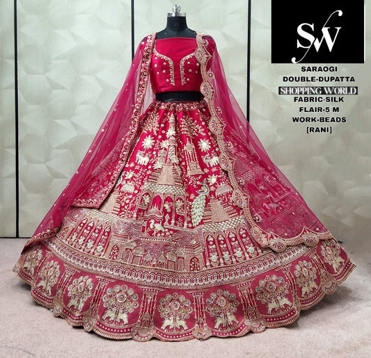Maroon Velvet Peacock Double Dupatta bridal Lehenga - Shopping World