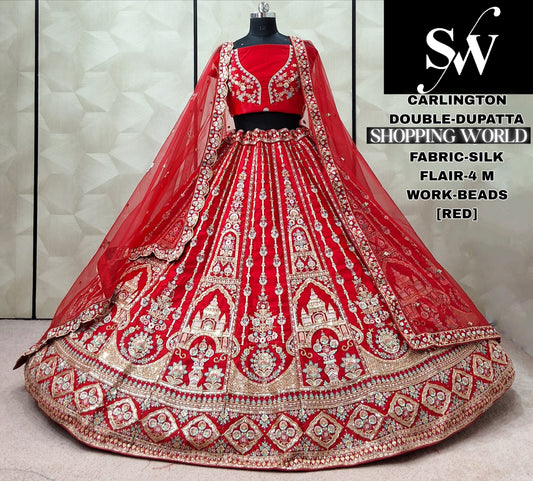 Red Silk Double Dupatta bridal Lehenga - Shopping World