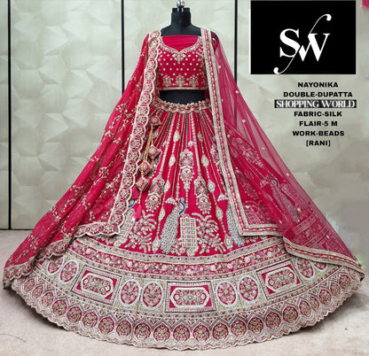 Rani pink Peacock Silk Double Dupatta bridal Lehenga - Shopping World