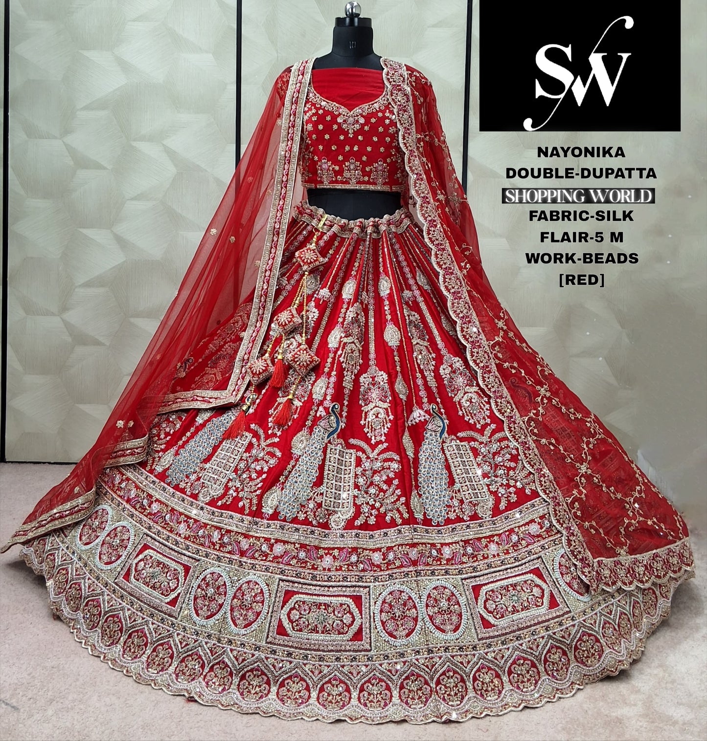 Rani pink Peacock Silk Double Dupatta bridal Lehenga - Shopping World