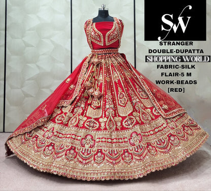Red Silk peacock Double Dupatta bridal Lehenga - Shopping World