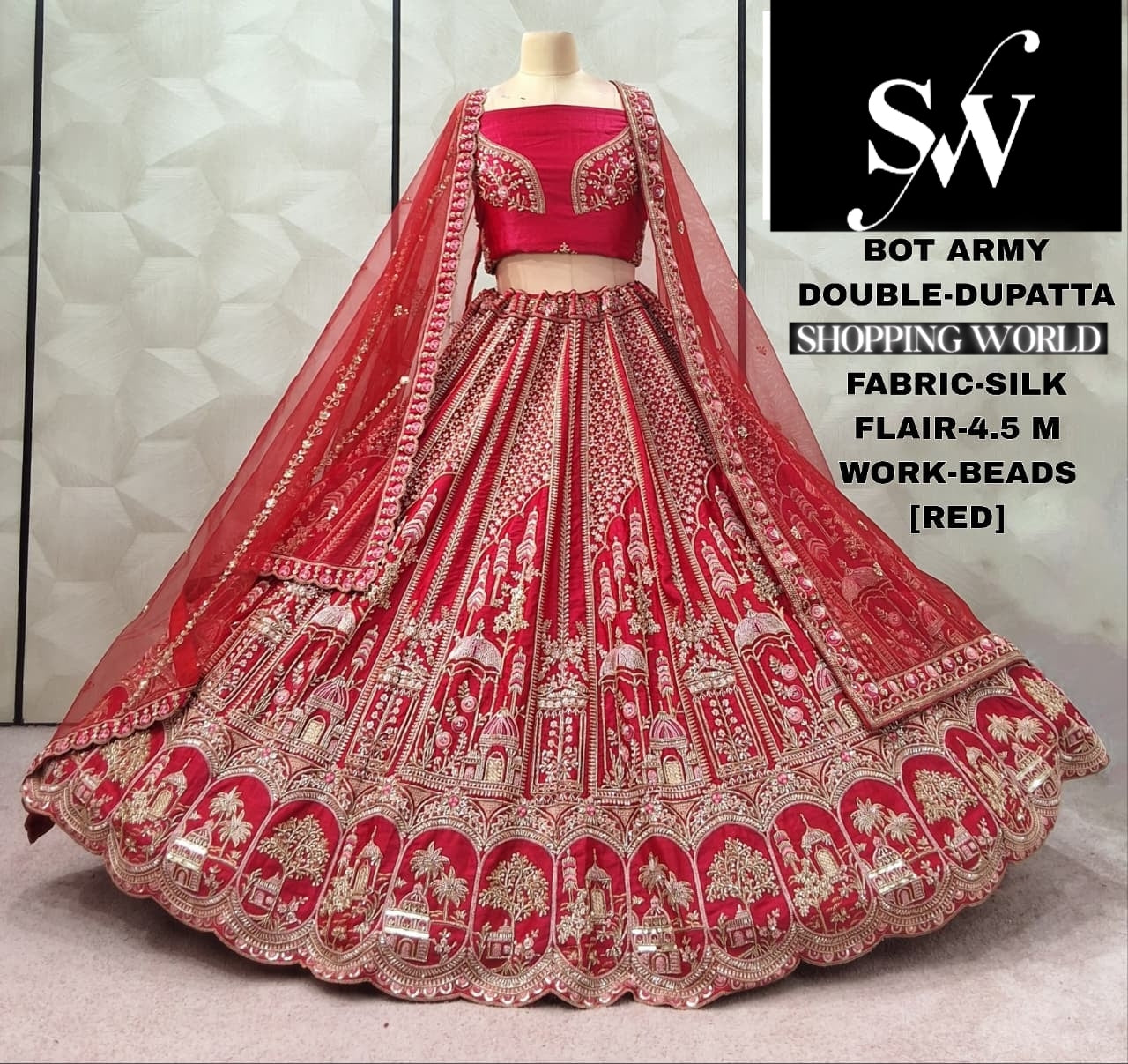 Red Silk Double Dupatta bridal Lehenga - Shopping World