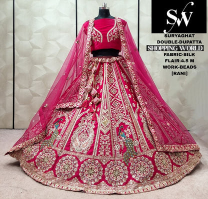 Rani Pink Silk Double Dupatta Peacock bridal Lehenga - Shopping World