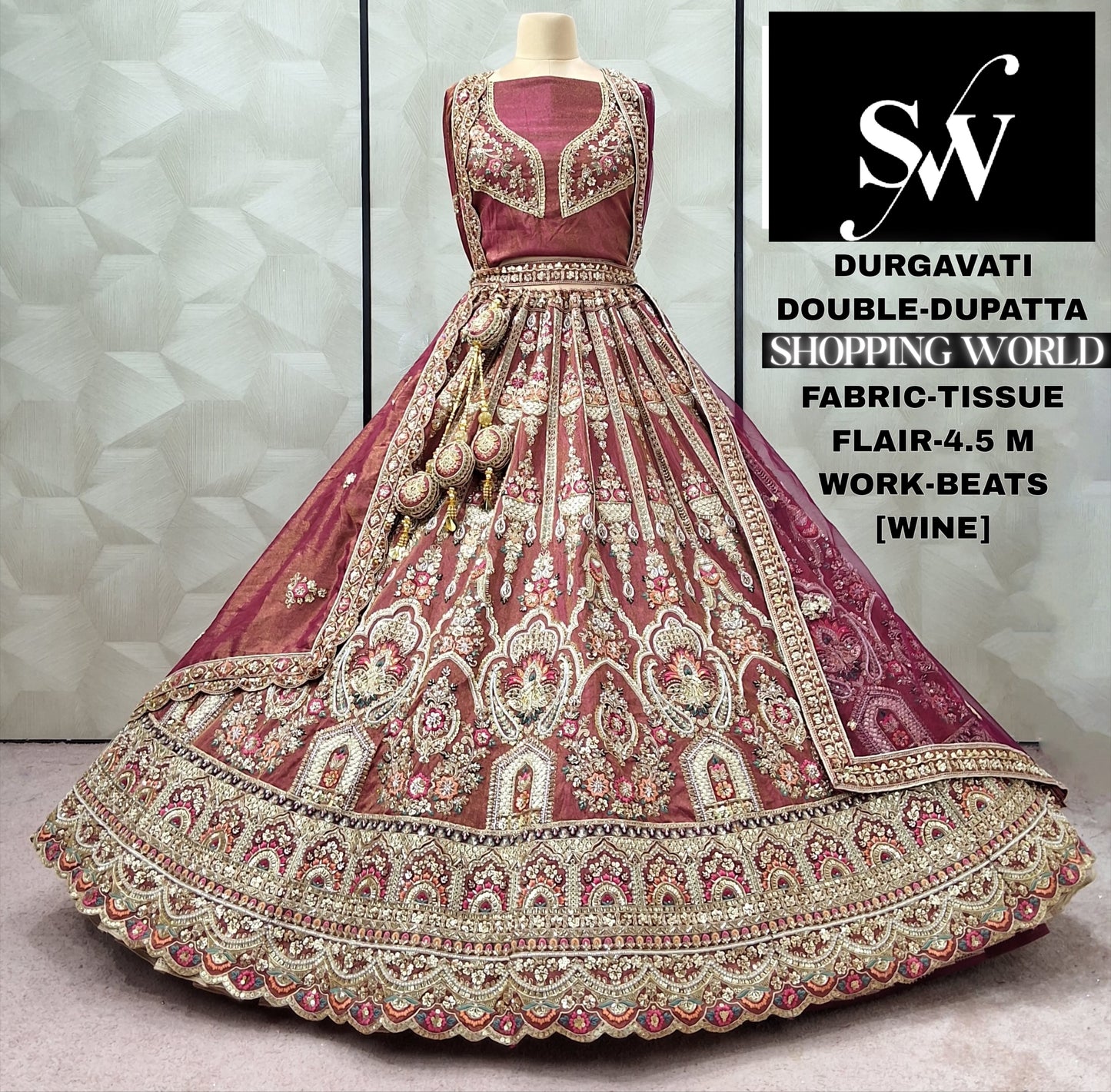 Wine Tissue Double Dupatta bridal Lehenga - Shopping World