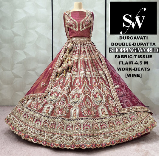 Wine Tissue Double Dupatta bridal Lehenga - Shopping World