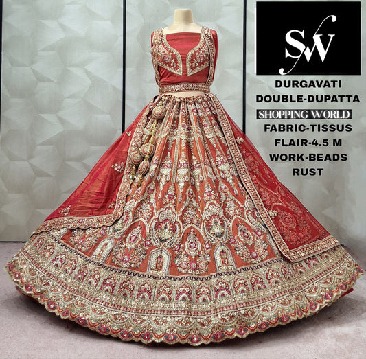 Wine Tissue Double Dupatta bridal Lehenga - Shopping World