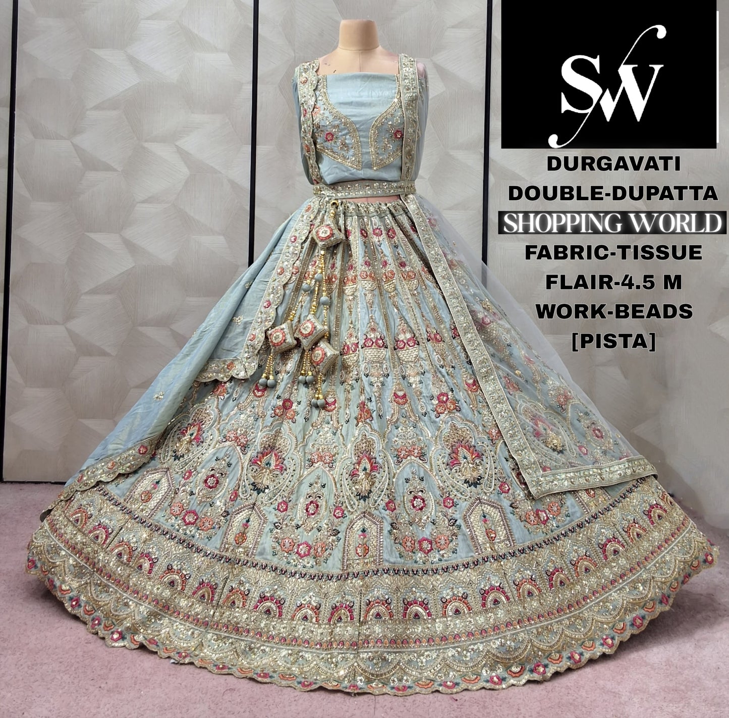 Wine Tissue Double Dupatta bridal Lehenga - Shopping World