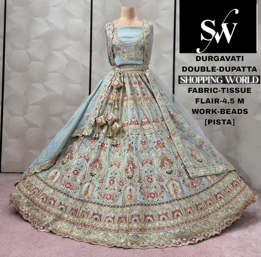 Wine Tissue Double Dupatta bridal Lehenga - Shopping World
