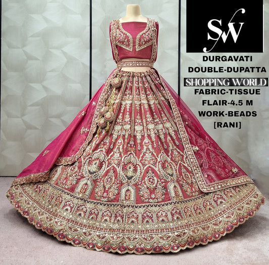 Wine Tissue Double Dupatta bridal Lehenga - Shopping World