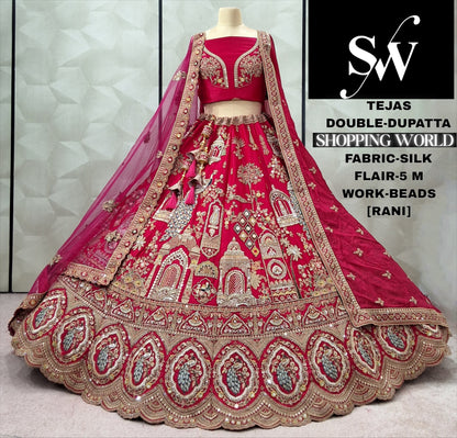 Rust Orange Peacock Silk Double Dupatta bridal Lehenga - Shopping World