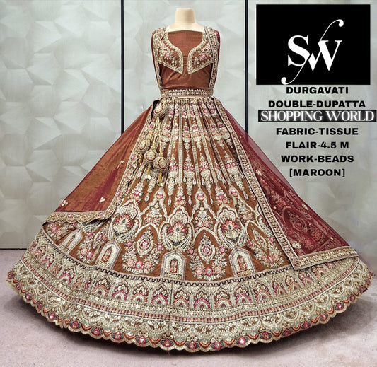 Wine Tissue Double Dupatta bridal Lehenga - Shopping World
