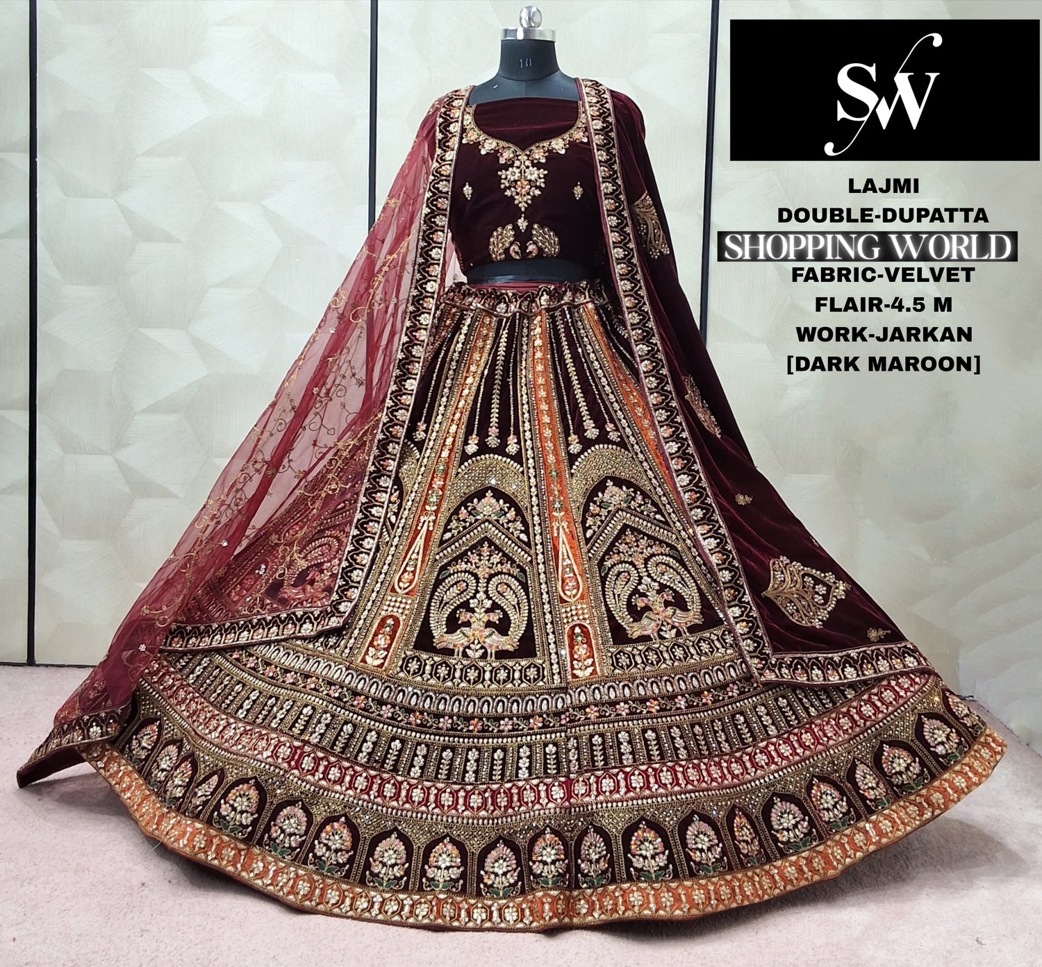 Maroon Velvet Peacock Double Dupatta bridal Lehenga - Shopping World