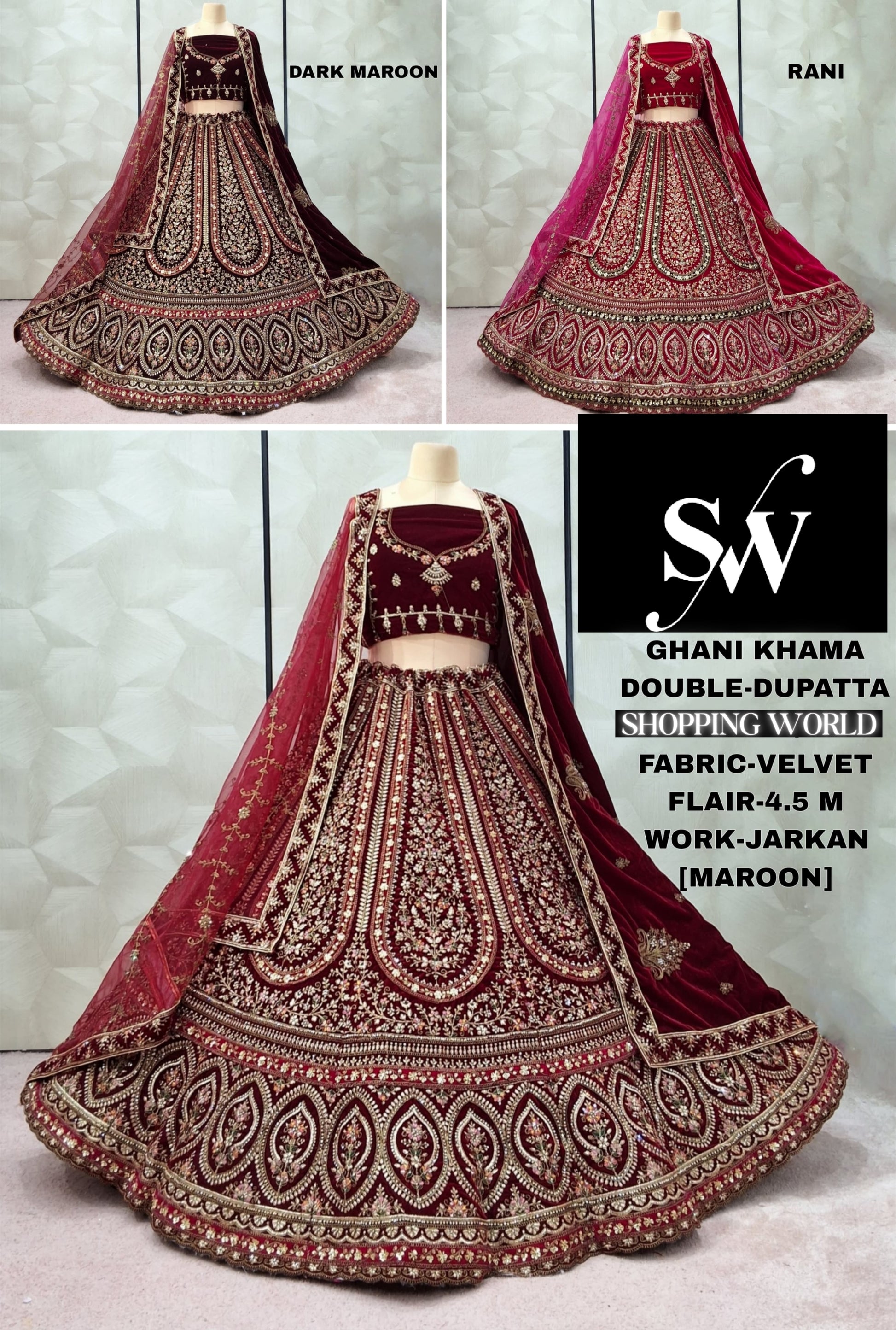 Maroon Dark Maroon Rani pink Velvet Double Dupatta bridal Lehenga - Shopping World