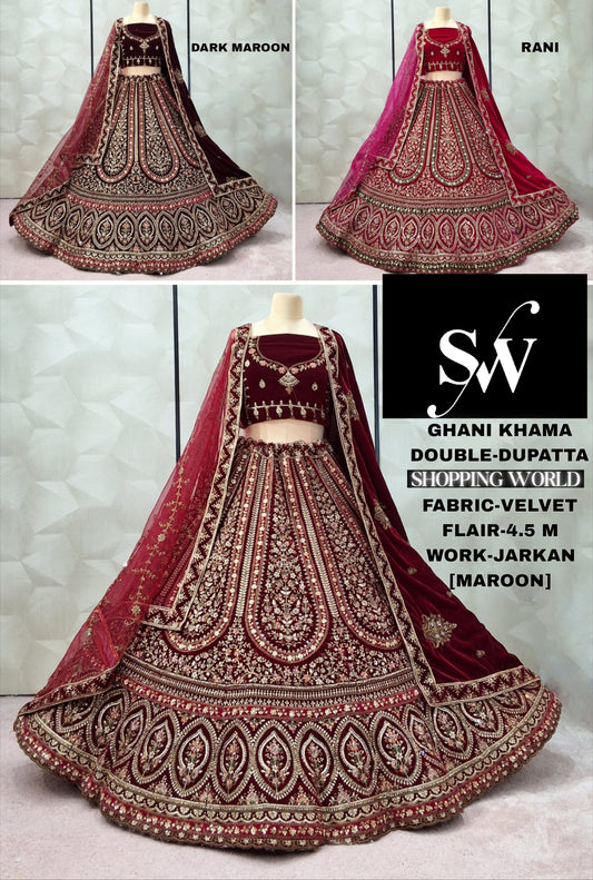 Maroon Dark Maroon Rani pink Velvet Double Dupatta bridal Lehenga - Shopping World