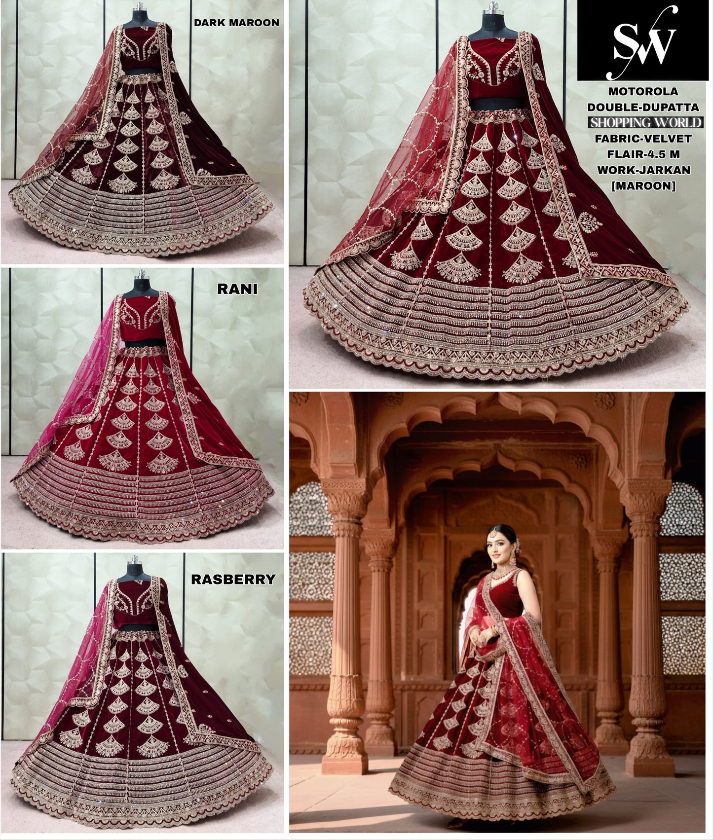 Maroon Dark Maroon Rani pink Raspberry Velvet Double Dupatta bridal Lehenga - Shopping World