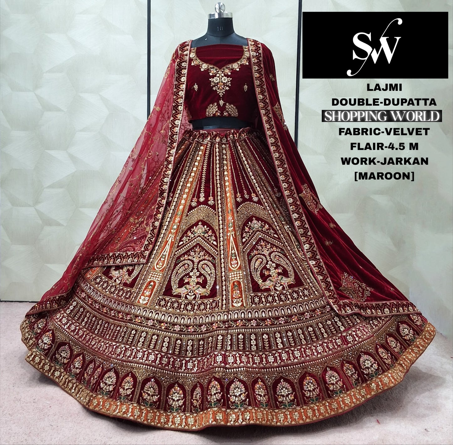 Maroon Velvet Peacock Double Dupatta bridal Lehenga - Shopping World