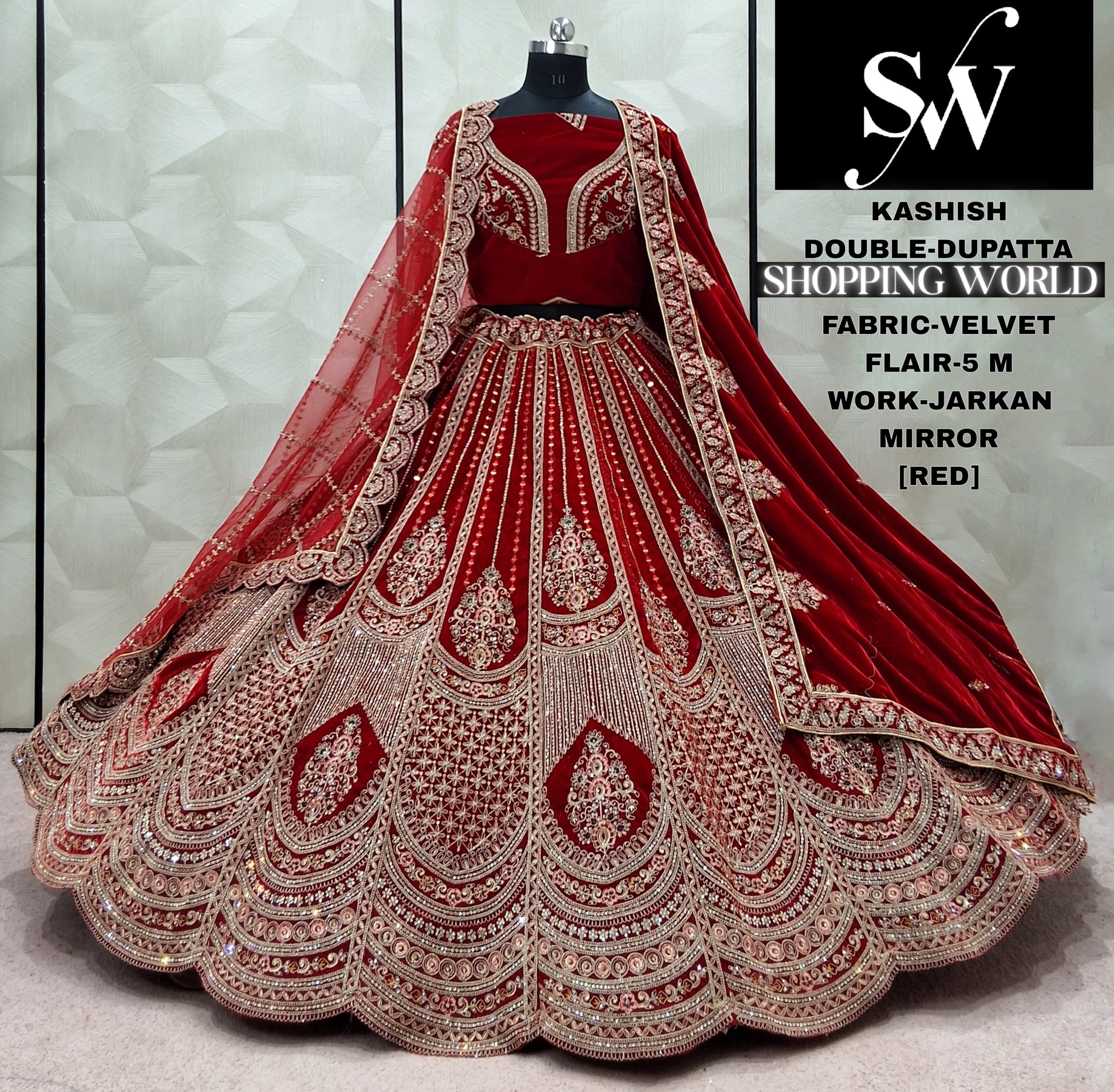 Maroon Velvet Double Dupatta bridal Lehenga - Shopping World