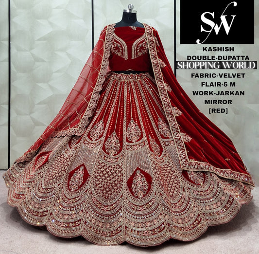 Maroon Velvet Double Dupatta bridal Lehenga - Shopping World