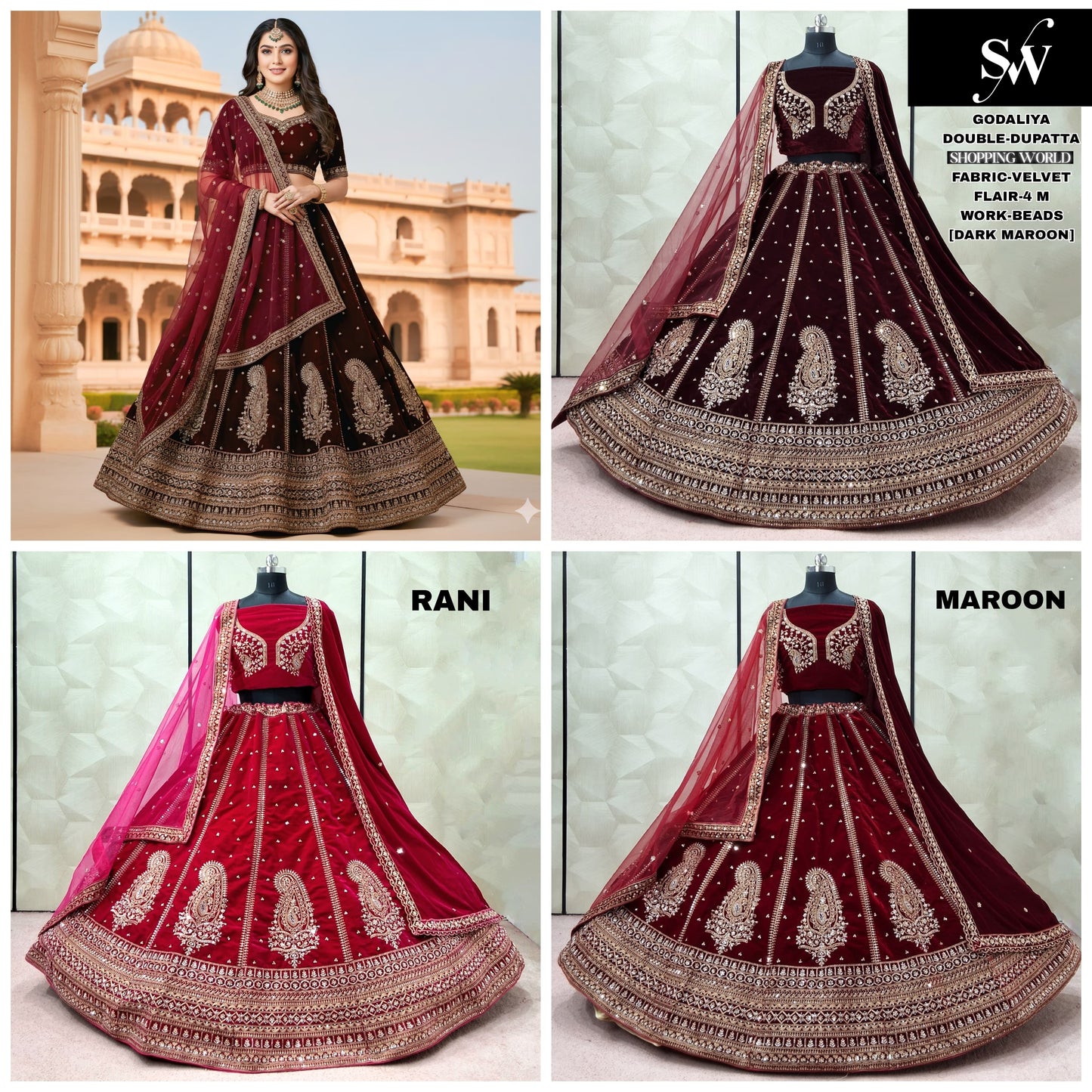 Maroon Dark Maroon Rani pink Velvet Double Dupatta bridal Lehenga - Shopping World