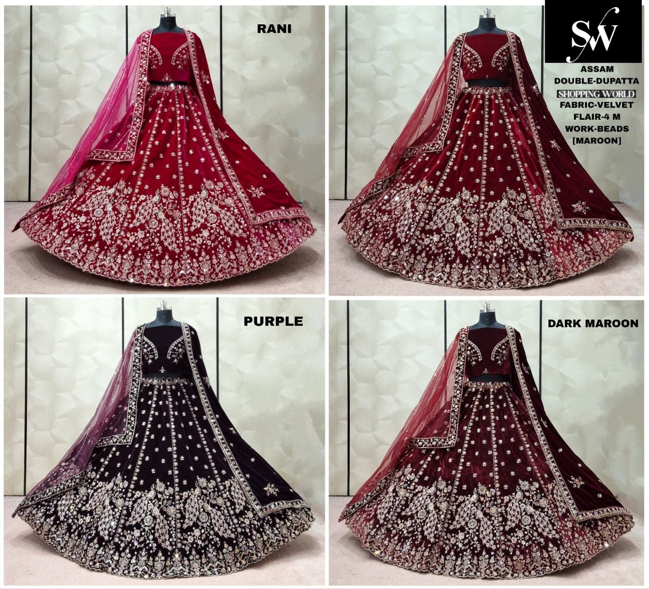 Maroon Dark Maroon Rani pink Black Velvet Double Dupatta bridal Lehenga - Shopping World
