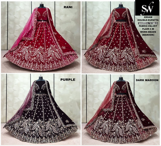 Maroon Dark Maroon Rani pink Black Velvet Double Dupatta bridal Lehenga - Shopping World