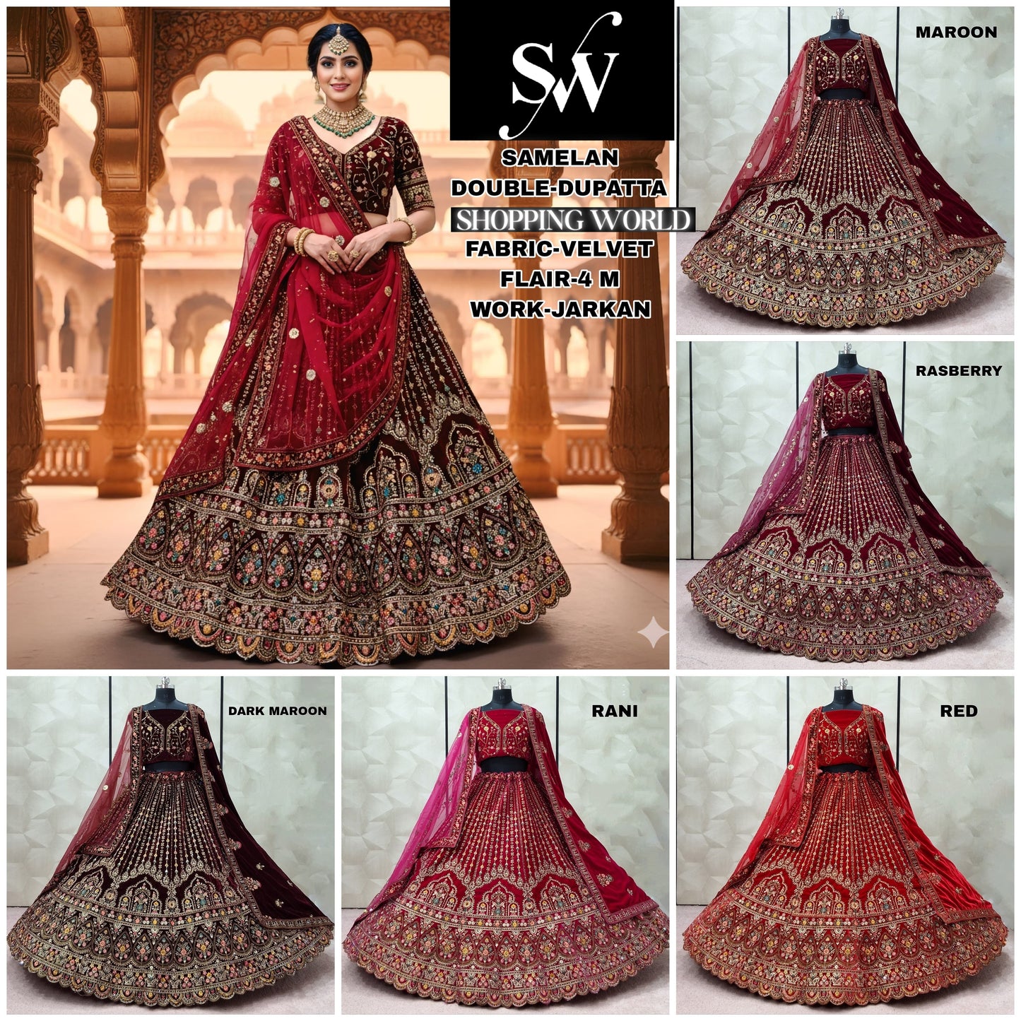 Maroon Dark Maroon Raspberry Red Rani pink Velvet Double Dupatta bridal Lehenga - Shopping World