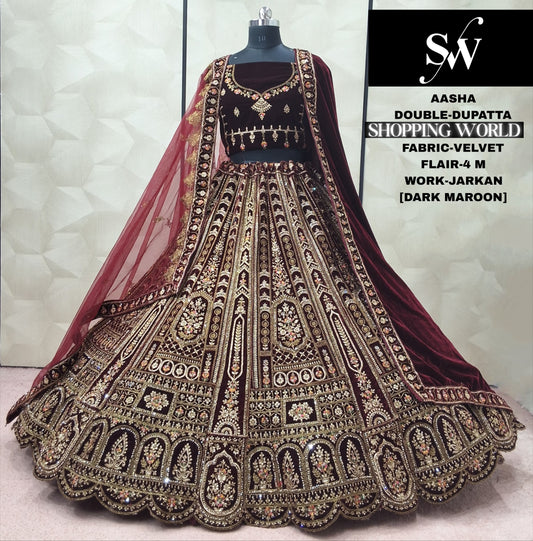 Dark Maroon Velvet Double Dupatta bridal Lehenga - Shopping World