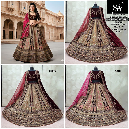 Rust Orange Rani pink Chiku golden Velvet Double Dupatta bridal Lehenga - Shopping World