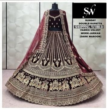 Dark maroon Velvet Doli Barat Double Dupatta bridal Lehenga - Shopping World