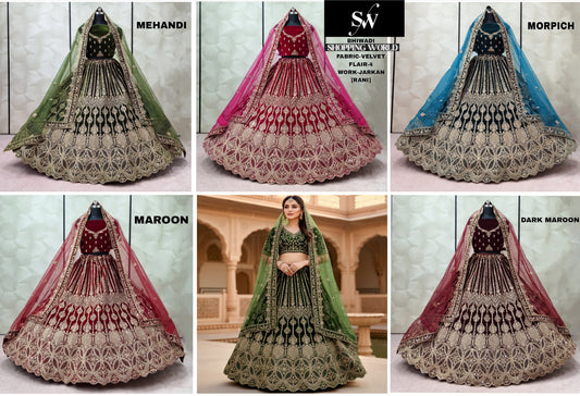Maroon Mehendi green Rani pink morpich blue Dark maroon Velvet bridal Lehenga - Shopping World