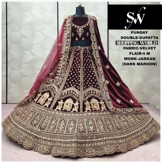 Dark maroon Doli Barat Velvet Double Dupatta bridal Lehenga - Shopping World