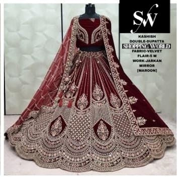Maroon Velvet Double Dupatta bridal Lehenga - Shopping World