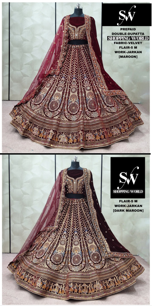 Dark maroon maroon Velvet bridal Lehenga - Shopping World