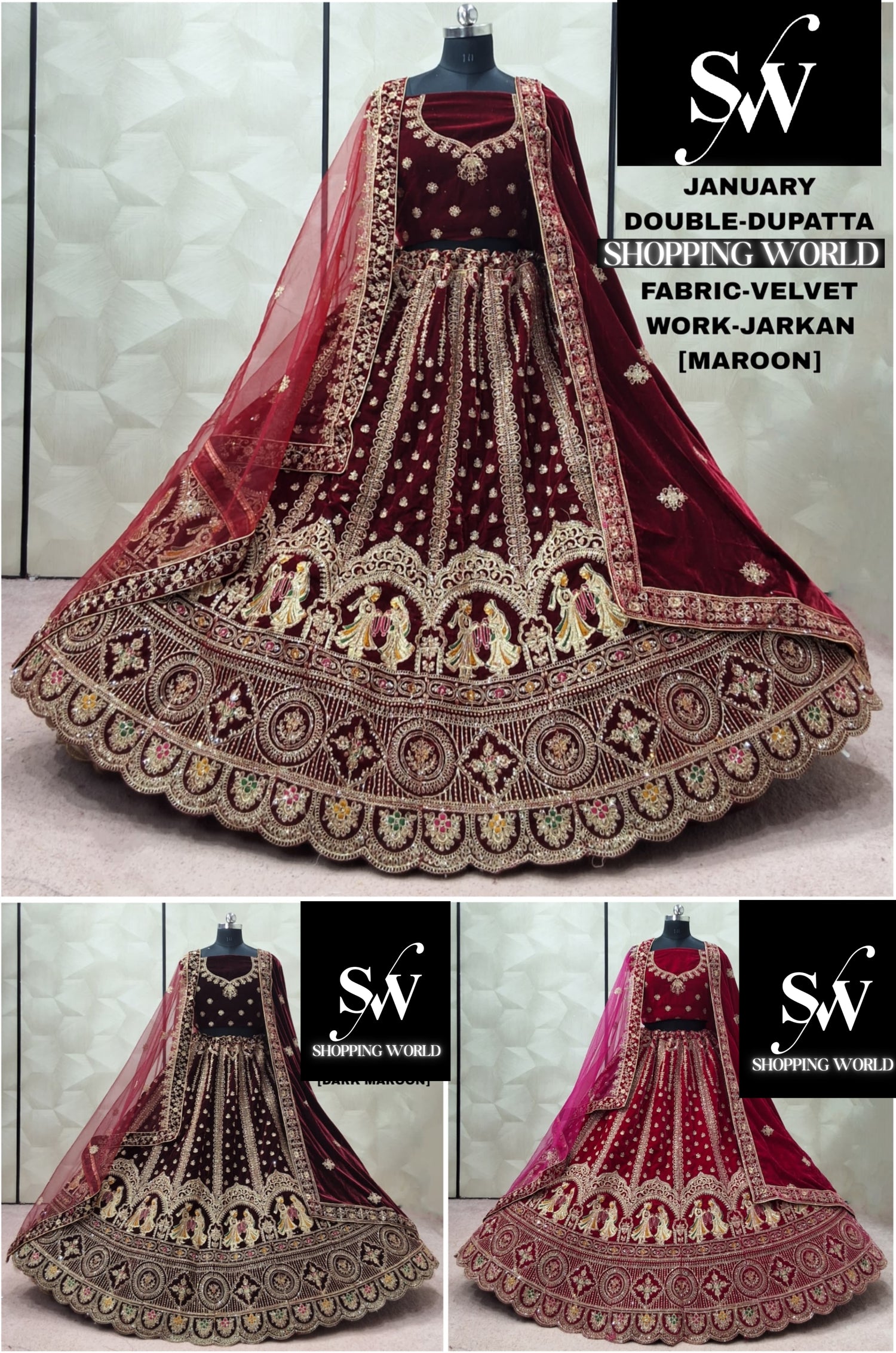 Dark maroon maroon Rani pink Doli Barat Velvet Peacock bridal Lehenga - Shopping World