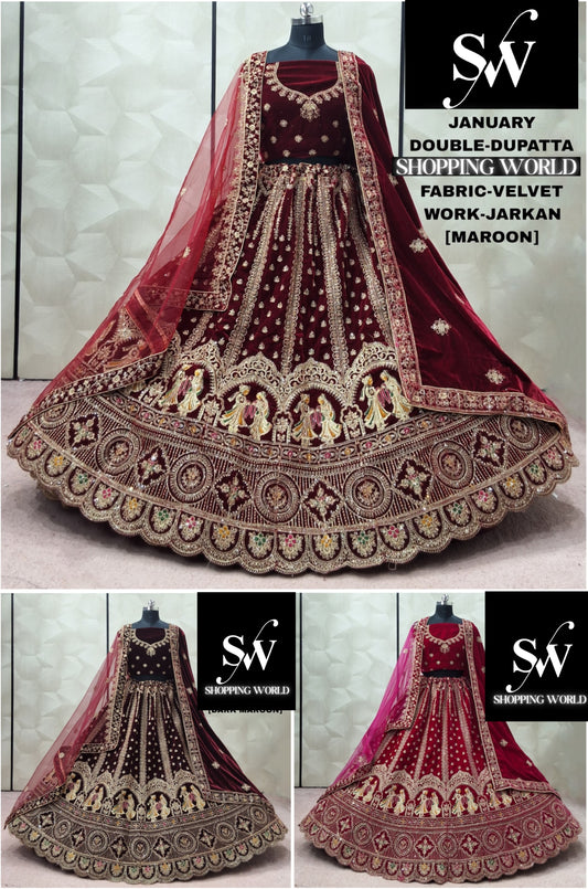 Dark maroon maroon Rani pink Doli Barat Velvet Peacock bridal Lehenga - Shopping World
