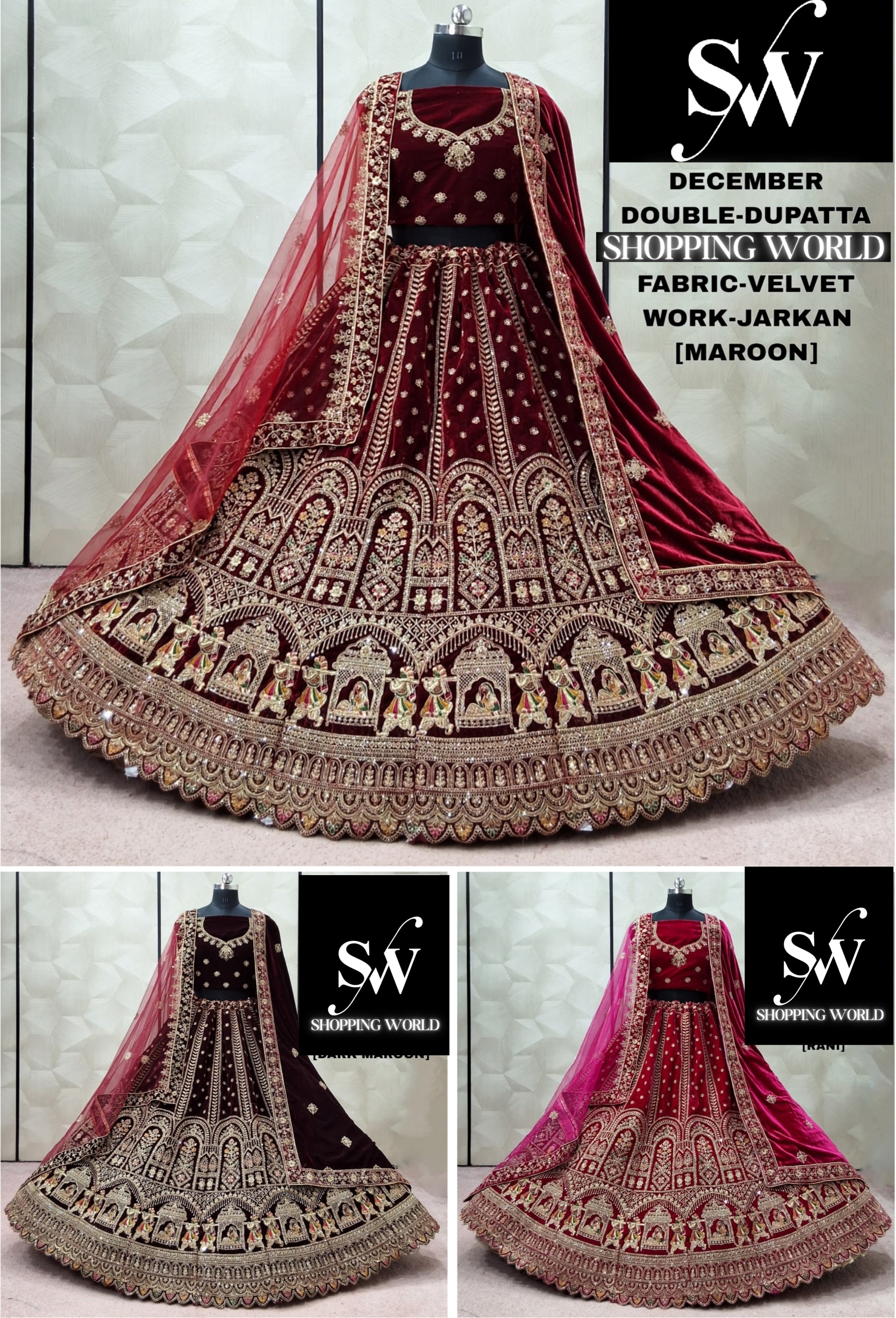 Dark maroon maroon Rani pink Doli Barat Velvet Peacock bridal Lehenga - Shopping World