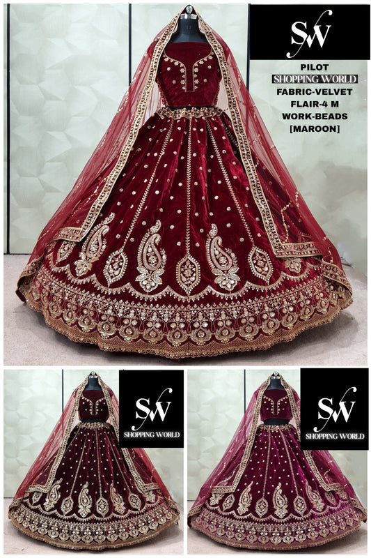 Dark maroon maroon Raspberry Velvet Peacock bridal Lehenga - Shopping World
