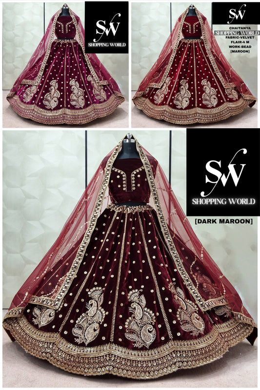 Dark maroon maroon Raspberry Velvet Peacock bridal Lehenga - Shopping World