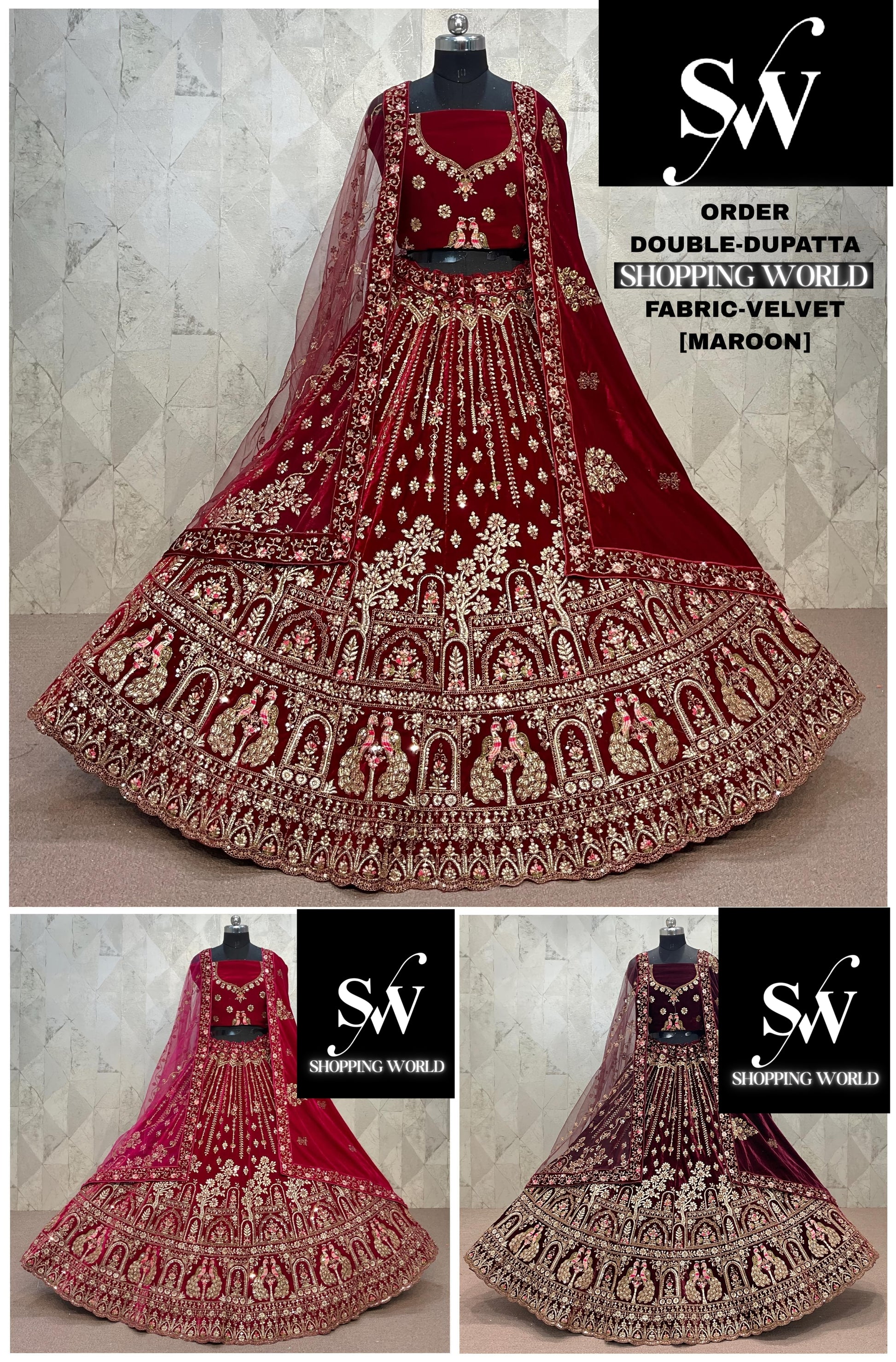 Rani pink Maroon Dark Maroon Velvet Peacock Double Dupatta bridal Lehenga - Shopping World