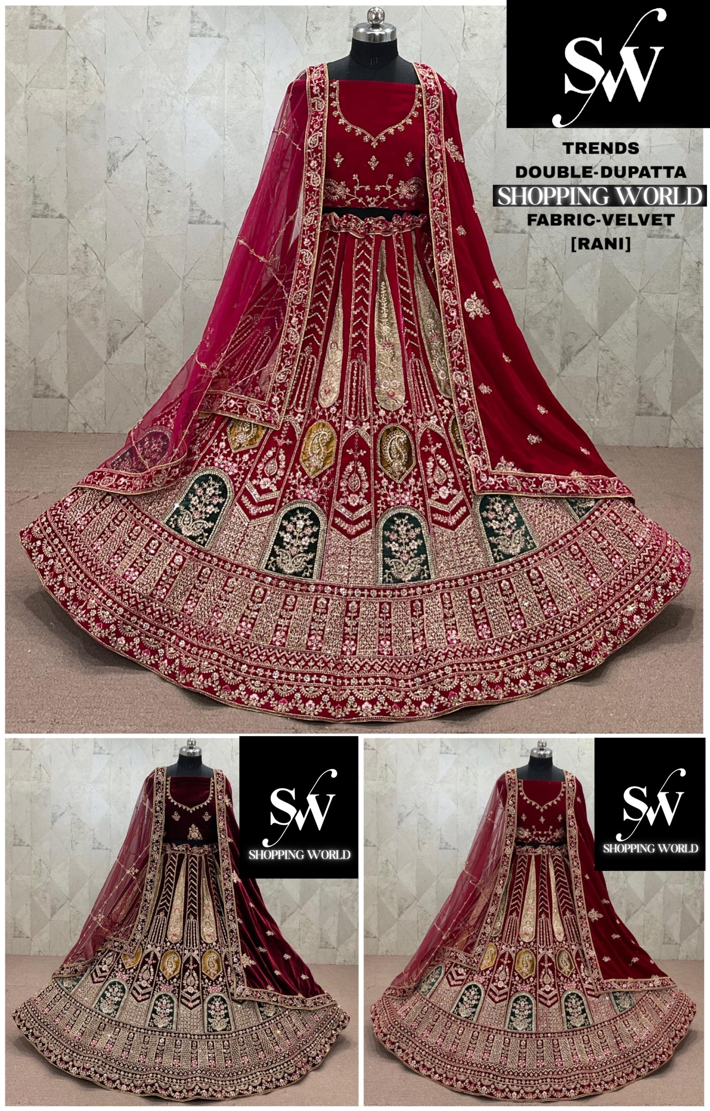 Rani pink Maroon Dark Maroon Velvet Double Dupatta bridal Lehenga - Shopping World
