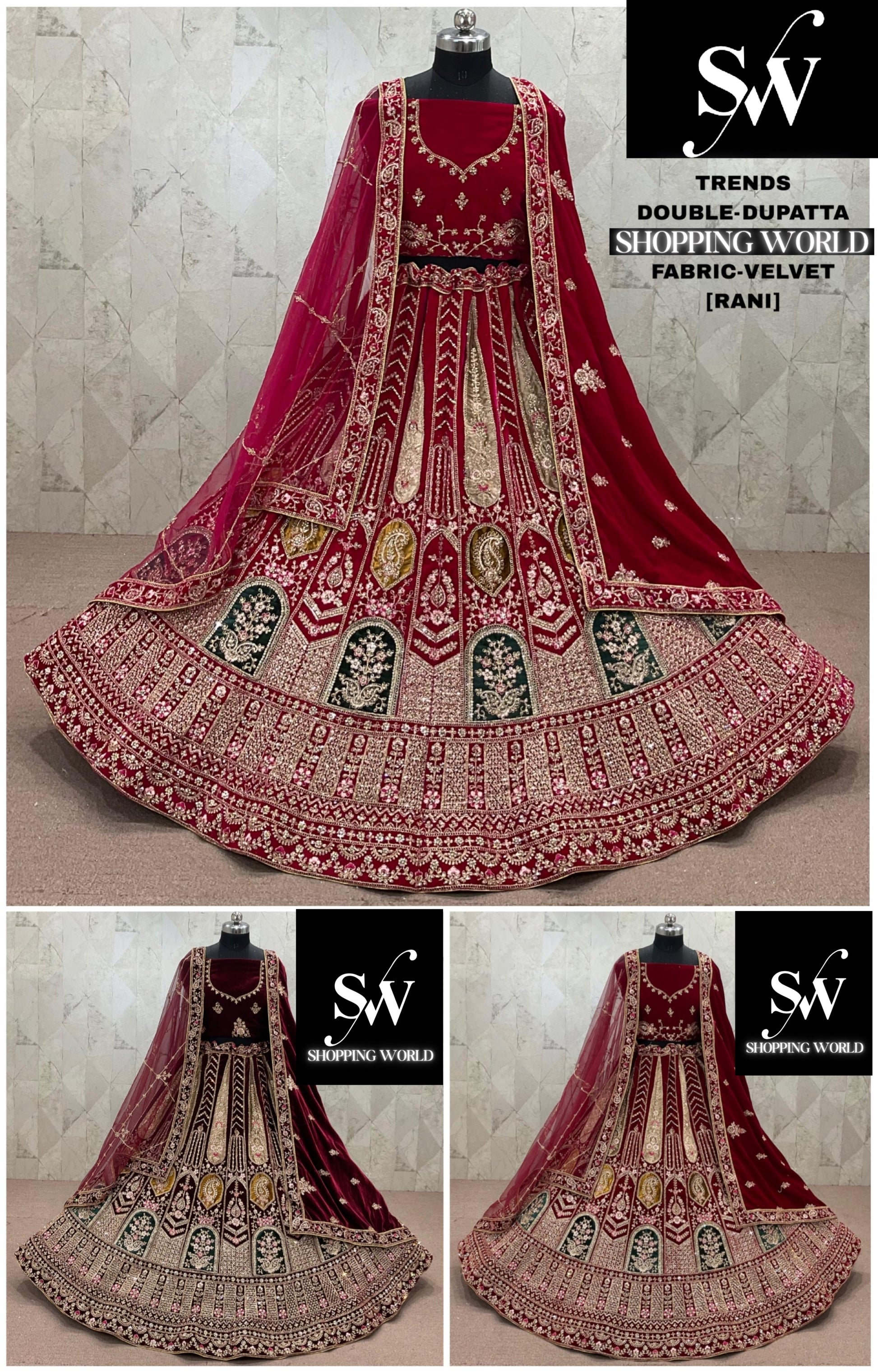 Rani pink Maroon Dark Maroon Velvet Double Dupatta bridal Lehenga - Shopping World